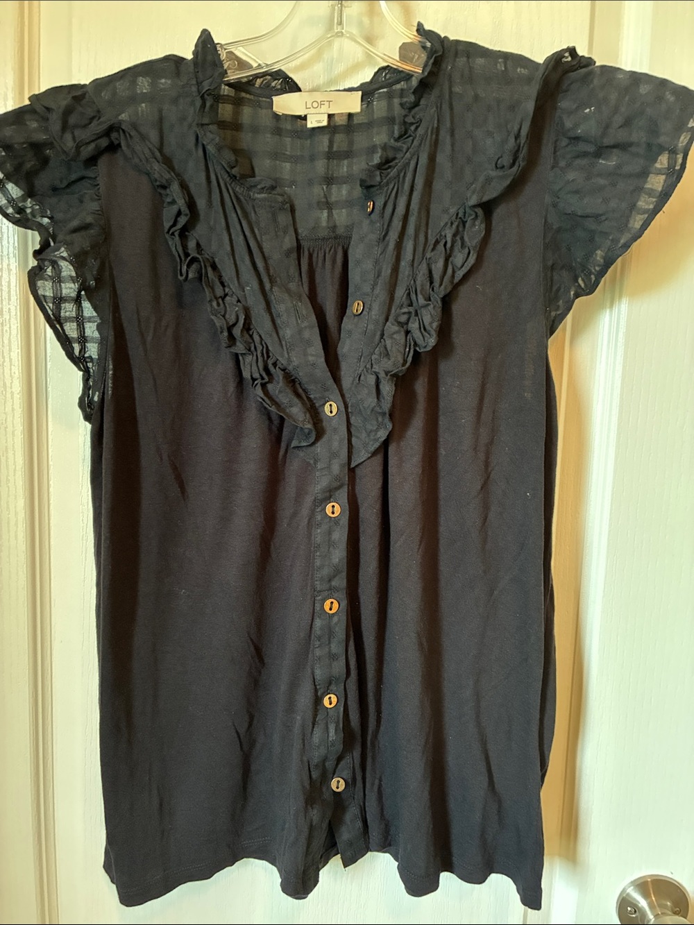 LOFT Black Ruffled Button-Front Flutter Sleeve Top